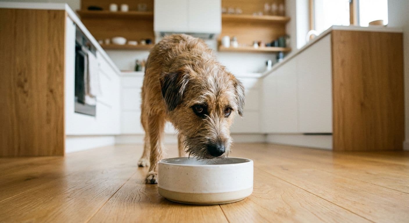 Koira raapii tassuaan ja omistaja tarkastelee koiran ruokapakkausta selvittääkseen mahdollisia ruoka-aineita, jotka aiheuttavat oireita.