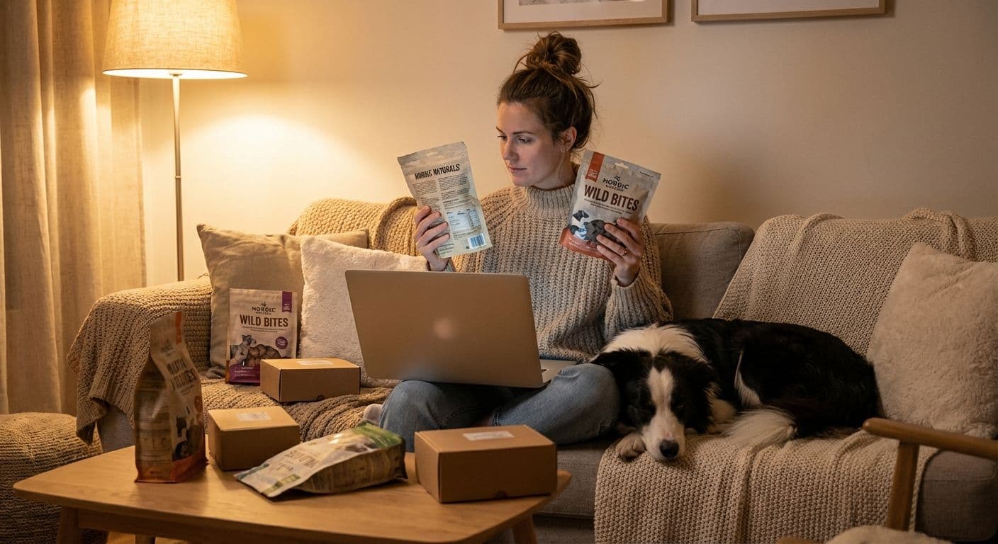 Kaksi agilitykoiraa lemmikkiruokahyllyn edessä, omistaja tutkii koiranruokapussin tuoteselostetta.