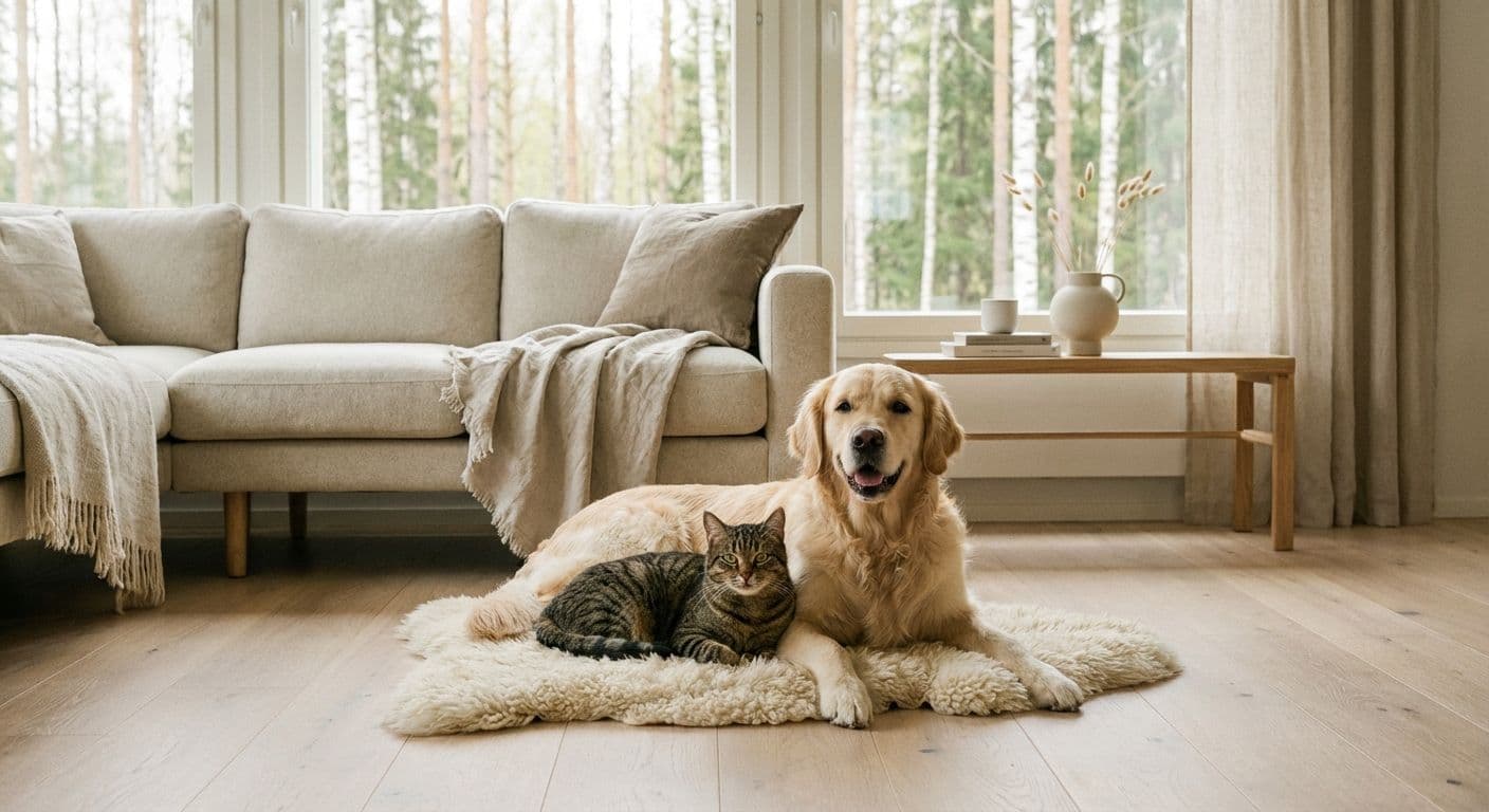 Suomalainen koira ja kissa ruokakupin äärellä, taustalla talvinen suomalainen maisema