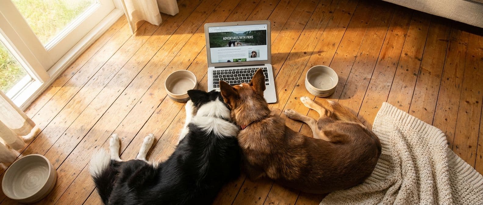 Bordercollie ja australiankelpie makaavat rennosti puulattialla avoimen kannettavan tietokoneen vieressä.